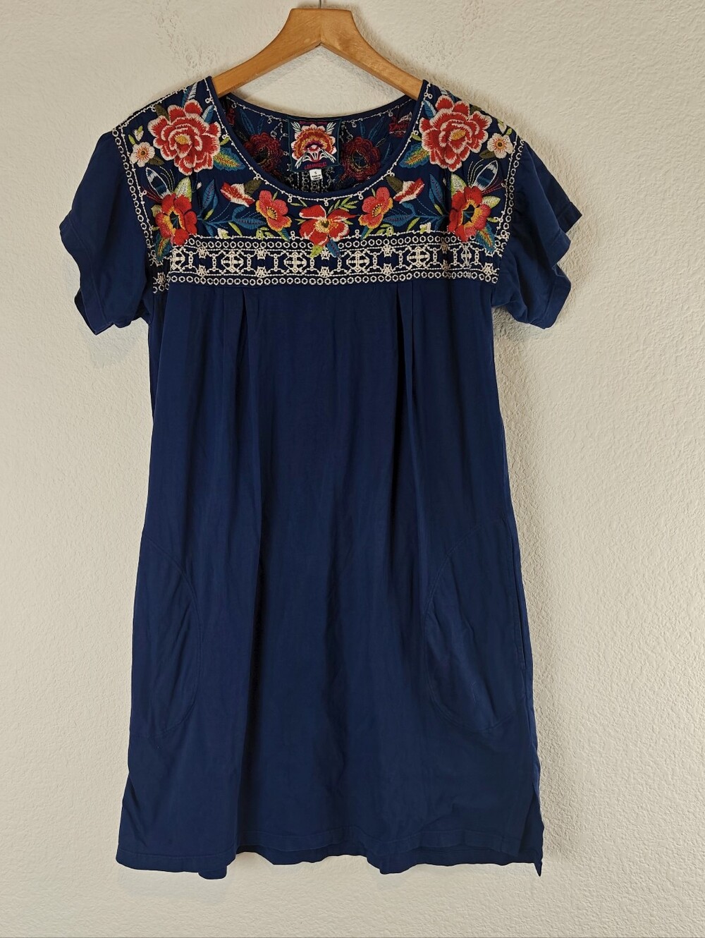 Johnny Was Navy Floral Embroidered Cotton Mini Dress S Boho Pockets - Picture 2 of 11